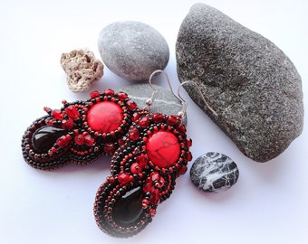 Beadwork Earrings Red Black Dangle Earrings Embroidery Stone Earrings Bead Embroidered Jewelry  Ready to ship OOAK Jewelry