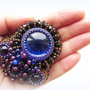 Bead Embroidered Cobalt Blue Brooch Embroidery Blue Purple Brooch Czech Glass Beads OOAK Jewelry Ready to ship image 3