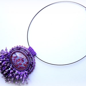 Beadwork Purple Glass Pendant Shiny Necklace Lilac Pendant Bead Embroidered Necklace Embroidery Jewelry OOAK Jewelry Ready to ship image 5