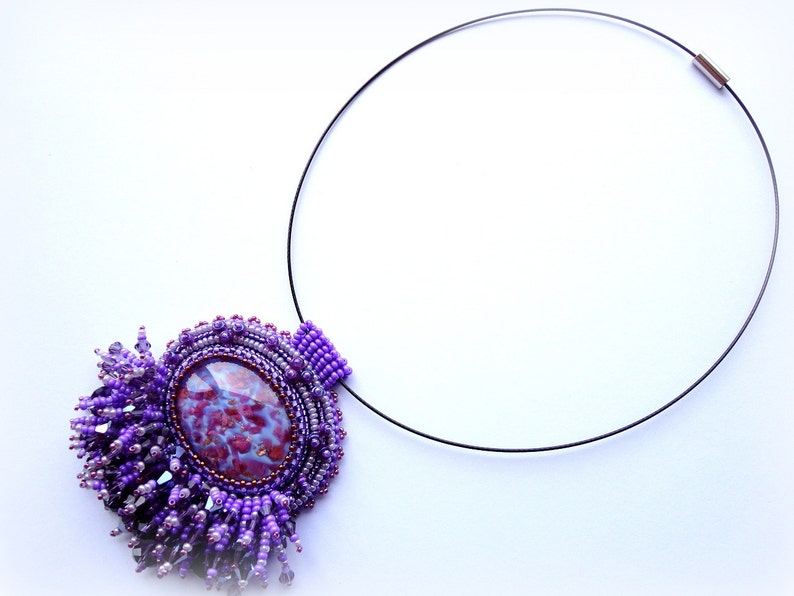 Beadwork Purple Glass Pendant Shiny Necklace Lilac Pendant Bead Embroidered Necklace Embroidery Jewelry OOAK Jewelry Ready to ship image 5