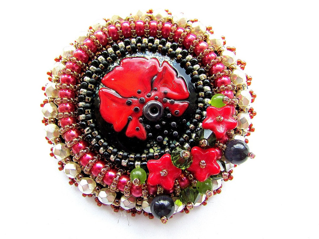 Red Brooch Poppy Brooch Bead Flower Brooch Embroidered Brooch Artist