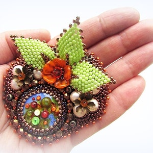 Glass Brooch Embroidery Multicolored Brooch Artistan Glass Brooch Floral Brooch Colorful Brooch Orange Green Brown Brooch OOAK Ready to ship image 5
