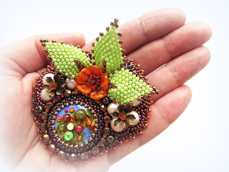 Glass Brooch Embroidery Multicolored Brooch Artistan Glass Brooch Floral Brooch Colorful Brooch Orange Green Brown Brooch OOAK Ready to ship image 5