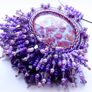 Beadwork Purple Glass Pendant Shiny Necklace Lilac Pendant Bead Embroidered Necklace Embroidery Jewelry OOAK Jewelry Ready to ship image 4