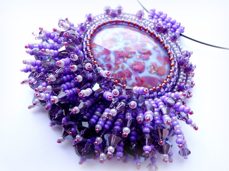 Beadwork Purple Glass Pendant Shiny Necklace Lilac Pendant Bead Embroidered Necklace Embroidery Jewelry OOAK Jewelry Ready to ship image 4