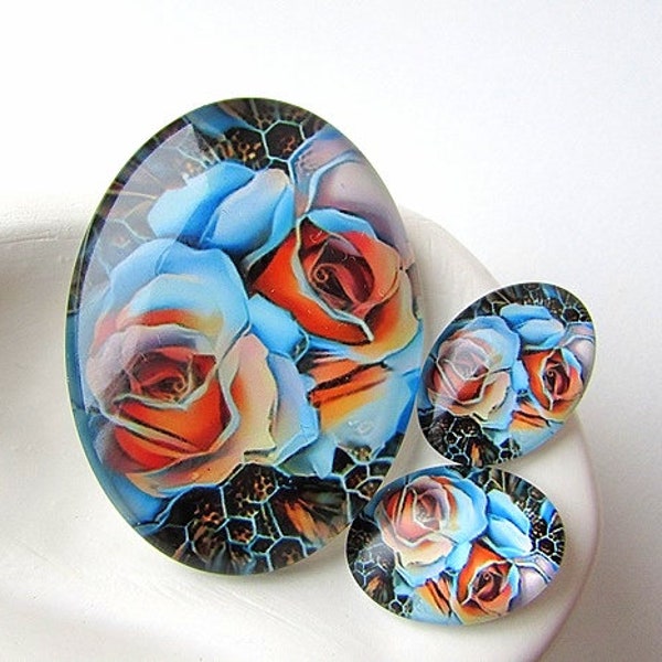 Rose Glass Cabochons Colorful Oval Floral Cabochon Photo Flower Glass Cabochon Flat back Jewelry Supplies