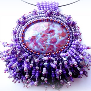 Beadwork Purple Glass Pendant Shiny Necklace Lilac Pendant Bead Embroidered Necklace Embroidery Jewelry OOAK Jewelry Ready to ship image 1