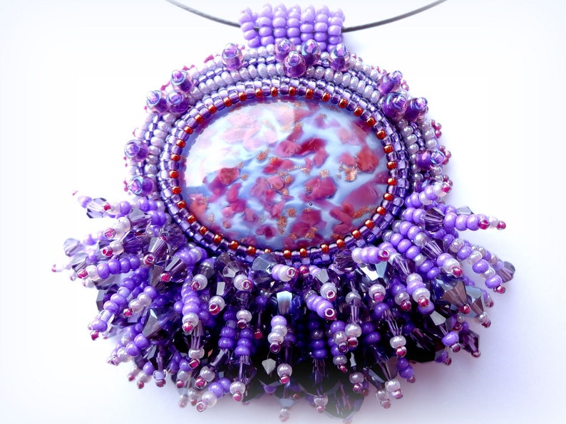 Beadwork Purple Glass Pendant Shiny Necklace Lilac Pendant Bead Embroidered Necklace Embroidery Jewelry OOAK Jewelry Ready to ship image 1