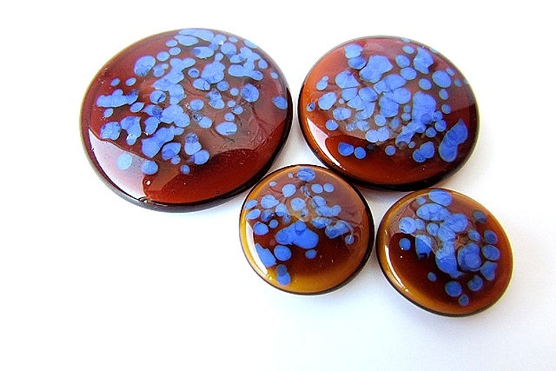 Blue Brown Glass Cabochons Round Lampwork Glass Artistan Cabochons Flat back Jewelry Supplies Set of 4pcs
