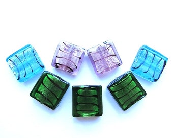 Square Glass Beads Lampwork Striped Glass Beads Aqua Blue Green Purple 20mm Foil Beads Bright colors Jewelry Supplies 2 pcs