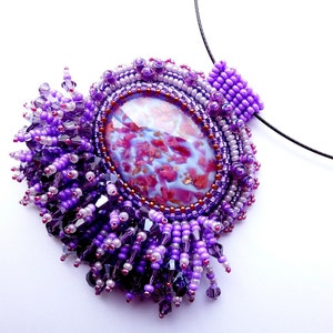 Beadwork Purple Glass Pendant Shiny Necklace Lilac Pendant Bead Embroidered Necklace Embroidery Jewelry OOAK Jewelry Ready to ship image 3