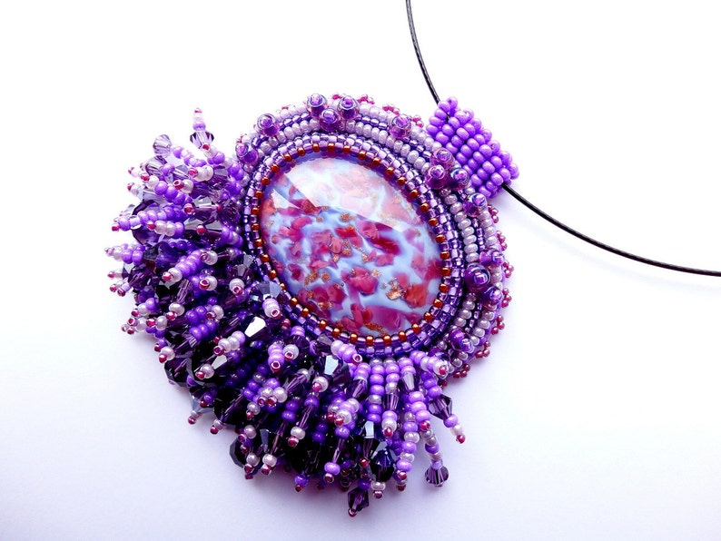 Beadwork Purple Glass Pendant Shiny Necklace Lilac Pendant Bead Embroidered Necklace Embroidery Jewelry OOAK Jewelry Ready to ship image 3