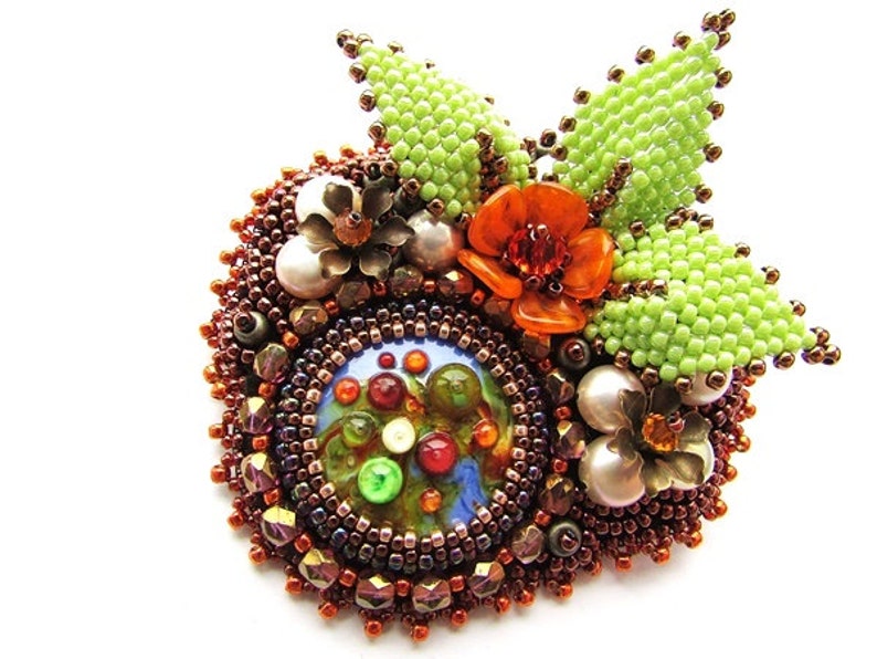 Glass Brooch Embroidery Multicolored Brooch Artistan Glass Brooch Floral Brooch Colorful Brooch Orange Green Brown Brooch OOAK Ready to ship image 1