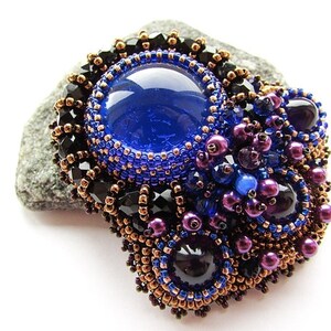 Bead Embroidered Cobalt Blue Brooch Embroidery Blue Purple Brooch Czech Glass Beads OOAK Jewelry Ready to ship image 2