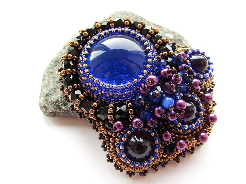 Bead Embroidered Cobalt Blue Brooch Embroidery Blue Purple Brooch Czech Glass Beads OOAK Jewelry Ready to ship image 2