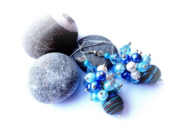 Beadwork Dangle Earrings Blue White Earrings Stone Earrings Multicolored Earrings Party Earrings OOAK Jewelry Ready to ship