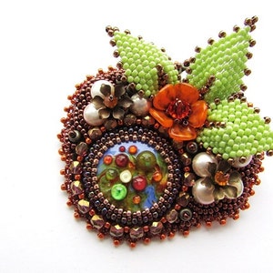 Glass Brooch Embroidery Multicolored Brooch Artistan Glass Brooch Floral Brooch Colorful Brooch Orange Green Brown Brooch OOAK Ready to ship image 3