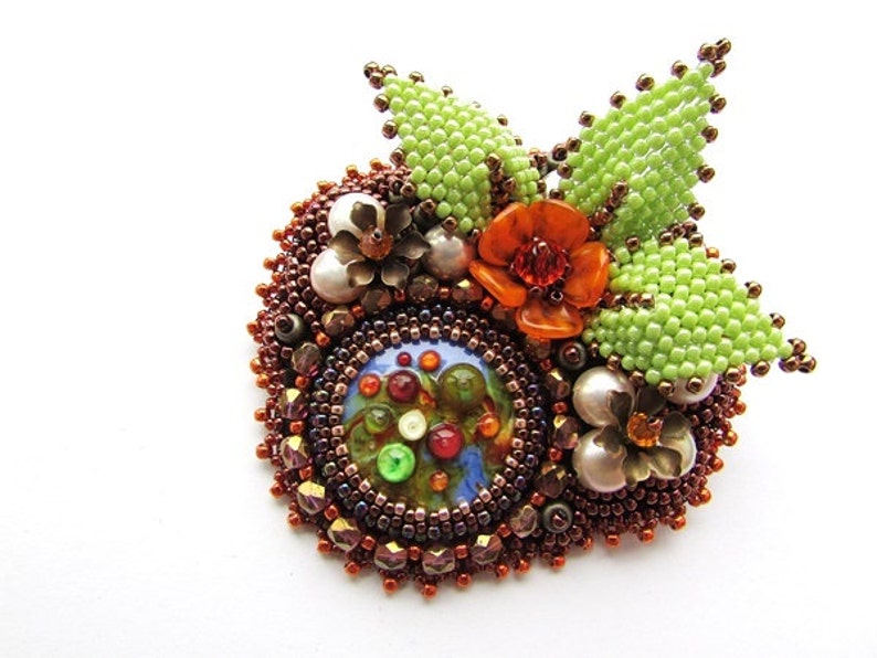 Glass Brooch Embroidery Multicolored Brooch Artistan Glass Brooch Floral Brooch Colorful Brooch Orange Green Brown Brooch OOAK Ready to ship image 3