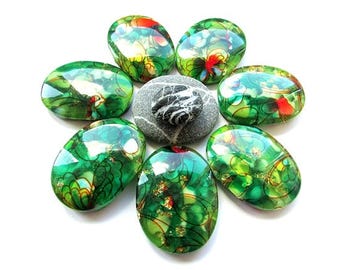 3pcs Green Colorful Acrylic Beads 40 x 30 mm Multicolored Plastic Beads Oval Flower Beads Flat back Craft Supplies Jewelry making