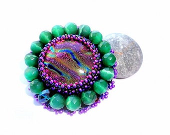 Glass Brooch Green Purple Brooch Embroidery Dichroic Glass Brooch Emerald Green Round Colorful Brooch Handmade Jewelry Ready to ship