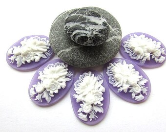Resin Flower Cameo White Purple Flower Acrylic Cameo 18x25mm Floral Cameo 3D White Purple Cameo Acrylic Cameo Flat back Craft Supplies