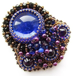 Bead Embroidered Cobalt Blue Brooch Embroidery Blue Purple Brooch Czech Glass Beads OOAK Jewelry Ready to ship image 4