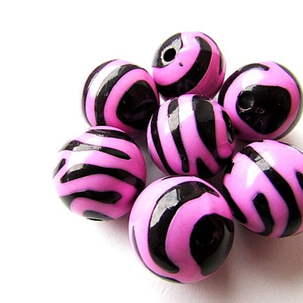 6pcs Zebra Print Beads 16 mm Pink Black Beads Animal Print Round Beads Acrylic Gumball Beads Craft Supply