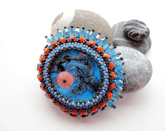 Blue Orange Brooch Embroidery Lampwork Glass Brooch Flower Brooch Bead Embroidered Brooch Orange Glass Beads OOAK Jewelry, Ready to ship