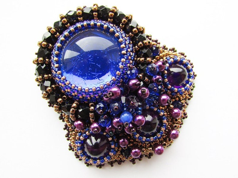 Bead Embroidered Cobalt Blue Brooch Embroidery Blue Purple Brooch Czech Glass Beads OOAK Jewelry Ready to ship image 5
