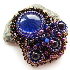 Bead Embroidered Cobalt Blue Brooch Embroidery Blue Purple Brooch Czech Glass Beads OOAK Jewelry Ready to ship image 1