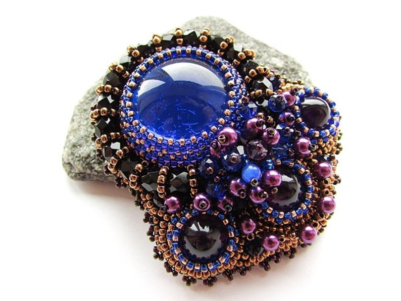 Bead Embroidered Cobalt Blue Brooch Embroidery Blue Purple Brooch Czech Glass Beads OOAK Jewelry Ready to ship image 1