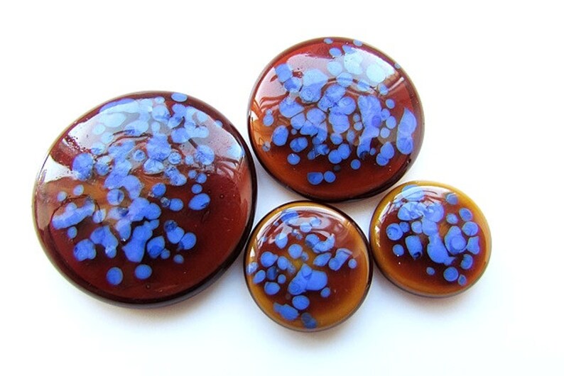 Blue Brown Glass Cabochons Round Lampwork Glass Artistan Cabochons Flat back Jewelry Supplies Set of 4pcs