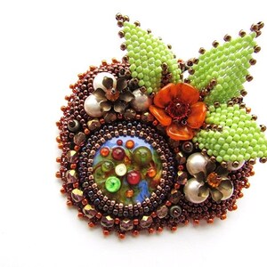 Glass Brooch Embroidery Multicolored Brooch Artistan Glass Brooch Floral Brooch Colorful Brooch Orange Green Brown Brooch OOAK Ready to ship image 4