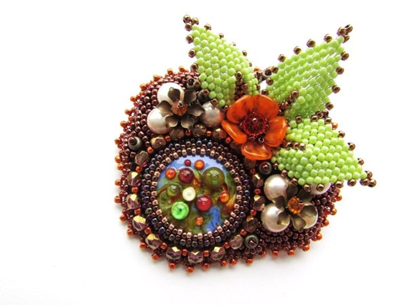 Glass Brooch Embroidery Multicolored Brooch Artistan Glass Brooch Floral Brooch Colorful Brooch Orange Green Brown Brooch OOAK Ready to ship image 4