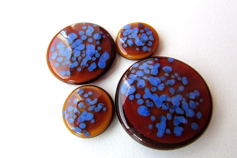 Blue Brown Glass Cabochons Round Lampwork Glass Artistan Cabochons Flat back Jewelry Supplies Set of 4pcs