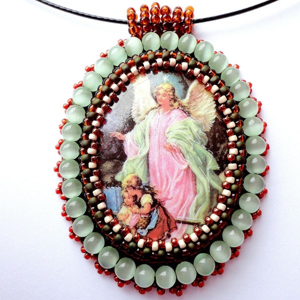 Beadwork Angel Necklace, Porcelain Angel Cameo, Bead Embroidered Necklace, Embroidery Jewelry, OOAK, Ready to ship