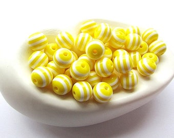 10 Striped Acrylic Beads Lemon Yellow Beads 10mm Round Resin Beads Colorful Acrylic Plastic Beads Craft Supplies Jewelry Making