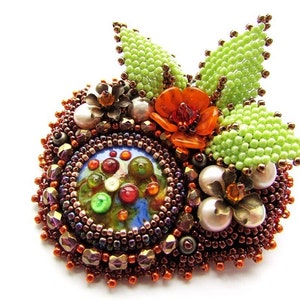 Glass Brooch Embroidery Multicolored Brooch Artistan Glass Brooch Floral Brooch Colorful Brooch Orange Green Brown Brooch OOAK Ready to ship image 2