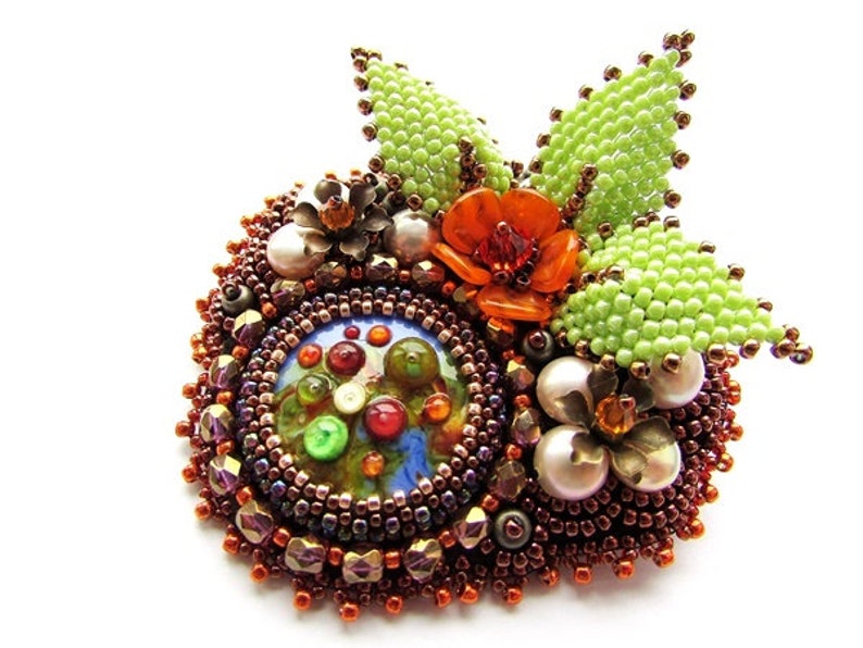 Glass Brooch Embroidery Multicolored Brooch Artistan Glass Brooch Floral Brooch Colorful Brooch Orange Green Brown Brooch OOAK Ready to ship image 2