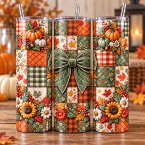 Fall Patchwork PNG, Quilted Pumpkin Bow 20 oz Tumbler Sublimation, Autumn Floral Digital Download