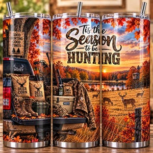 May include: A cylindrical stainless steel tumbler featuring a wrap-around autumn hunting scene. The design includes a truck bed with deer corn bags, hunting gear, and a sunset landscape with deer. Text reads: Good Hunting Good Times and Tis the Season to be HUNTING.