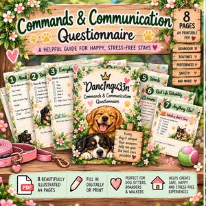 Dog Commands & Communication Questionnaire | Pet Sitter, Walker and Boarding Printable PDF | 8 A4 Pages