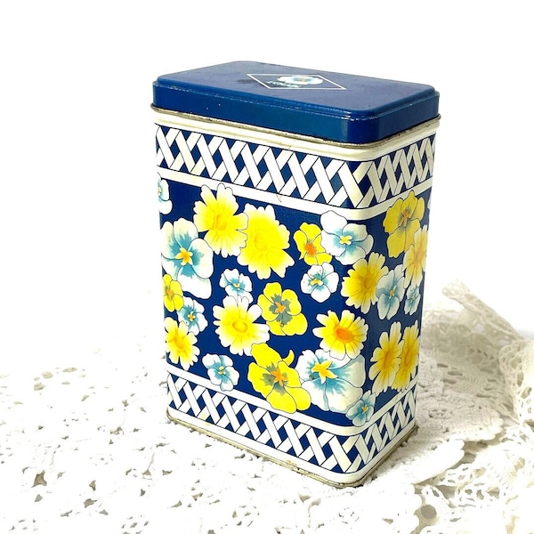 Floral tin blue white yellow flowers storage container stash box Equal sugar