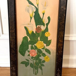 Floral art print vintage picture rose Cala Lilly flowers wall hanging wooden framed
