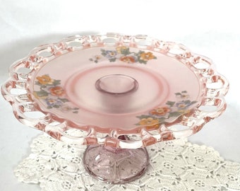Pedestal plate pink glass serving dish floral shabby chic vintage open lace edge
