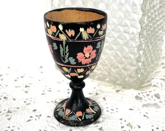 egg cup holder wooden pedestal stand hand painted black floral vintage Easter