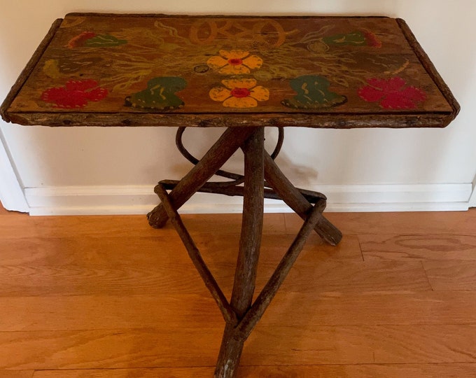 Wooden Table Rustic Twig End Table Hand Painted Floral Tole Etsy