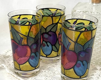 Fruit glass tumblers cup barware glassware 60s 70s stain glass vintage MCM