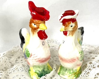 oil vinegar bottles ceramic rooster chicken vintage retro rustic farmhouse pair set