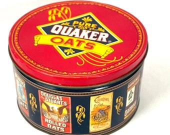 Vintage tin Quaker Oats kitchen storage container red canister stash box 1983